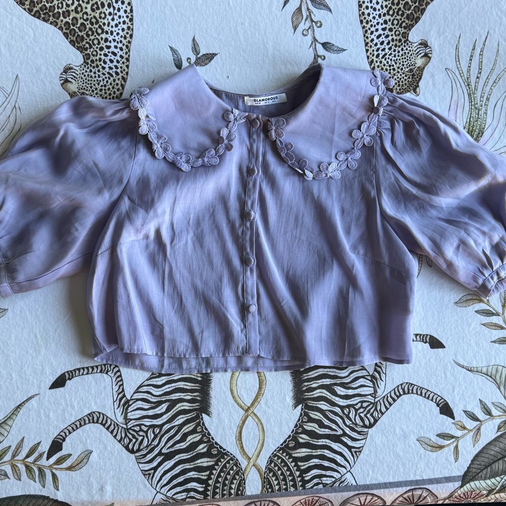 Lavender Poof Sleeve Crop Top with Floral Collar